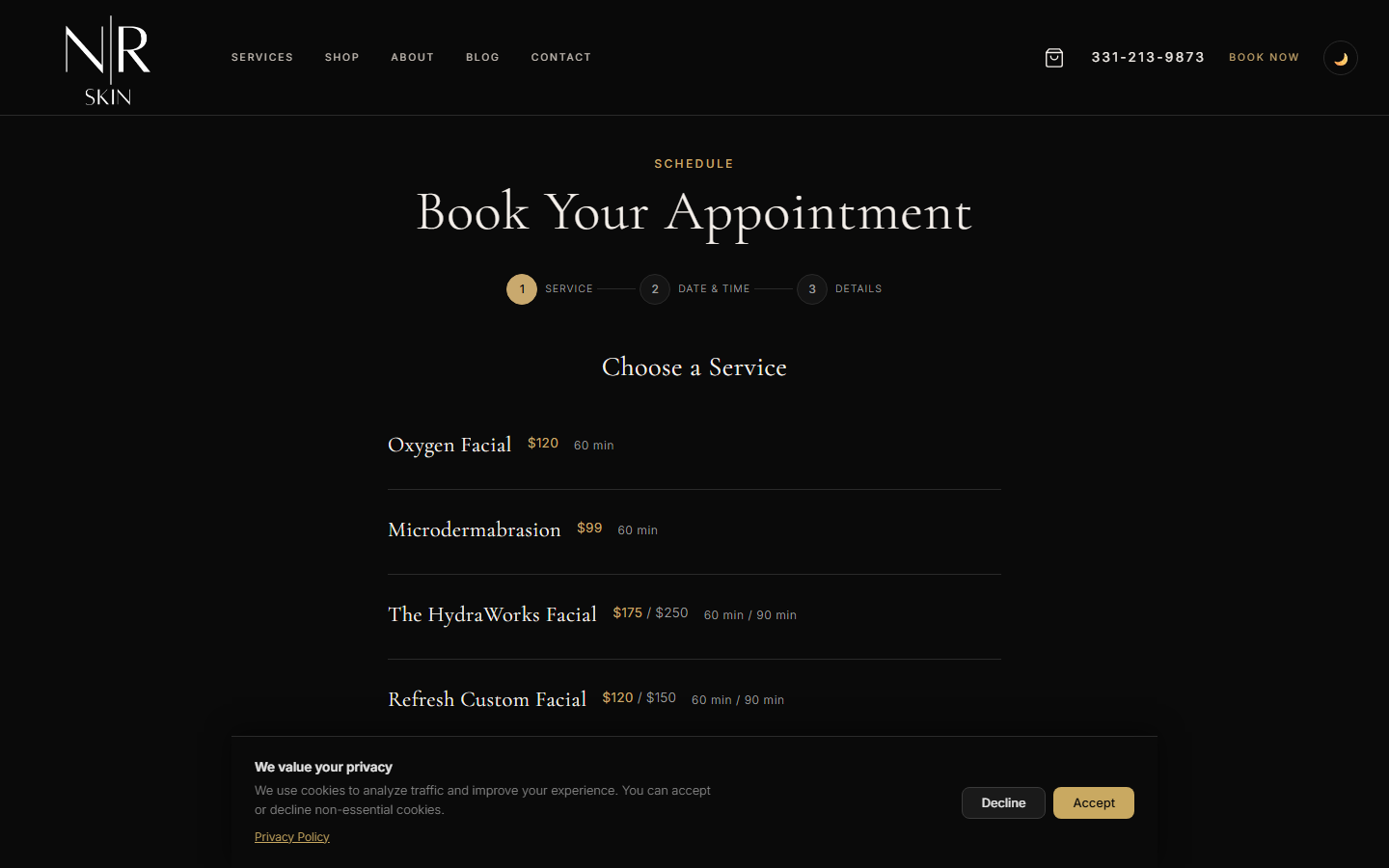 NR Skin booking flow