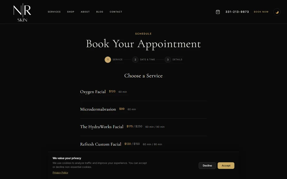 NR Skin booking flow