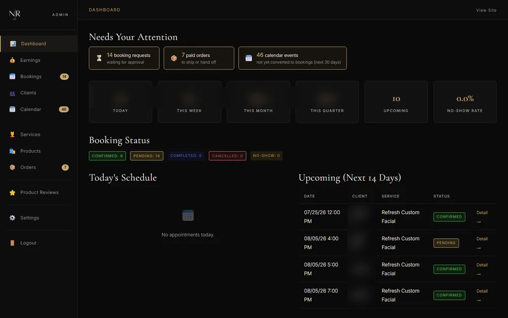 NR Skin owner dashboard, client and earnings details blurred